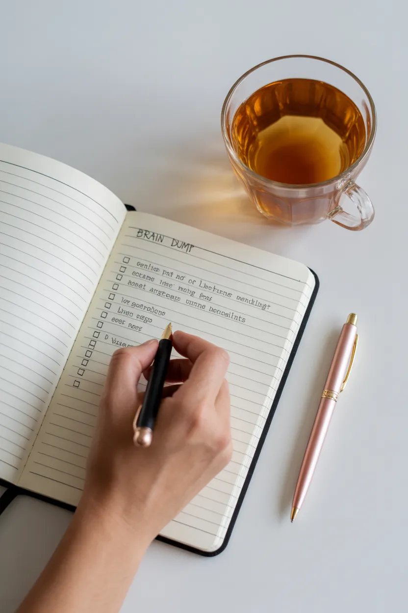  A woman writing a to-do list in a notebook next to a cup of tea.