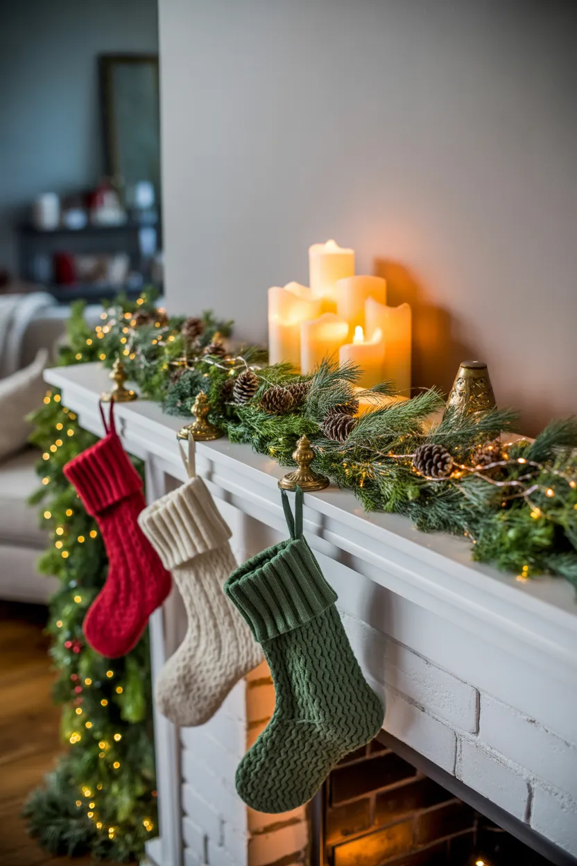  A cozy and simply decorated fireplace mantel with a garland and stockings.