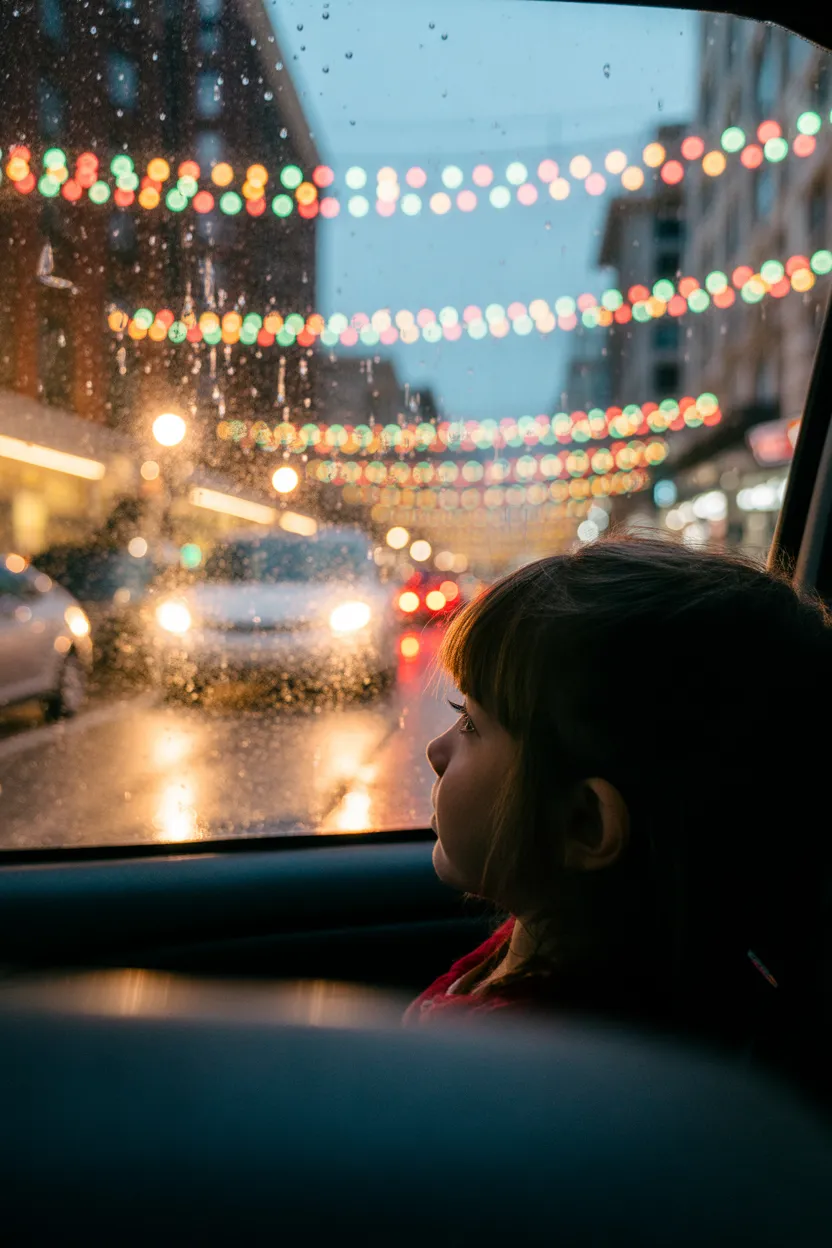 View from inside a car looking at a street with festive Christmas lights at night.