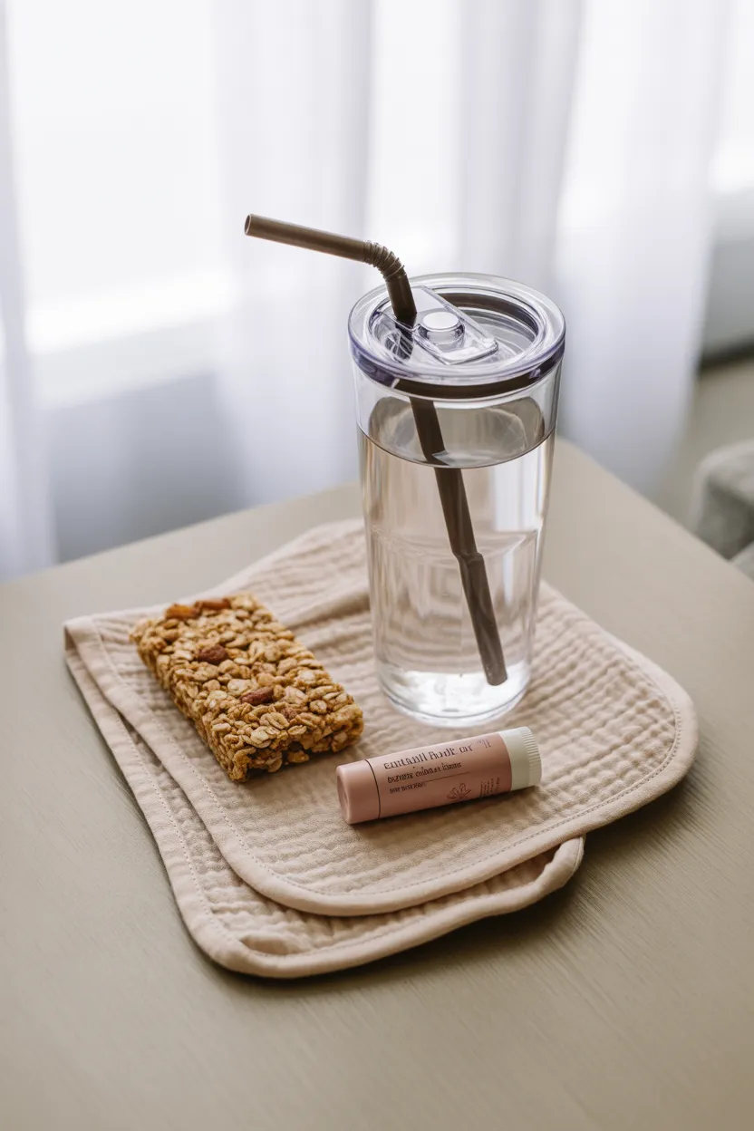 A breastfeeding nursing nest basket with essentials like a water bottle, snacks, and burp cloths designed to make nursing easier and more comfortable for a new m