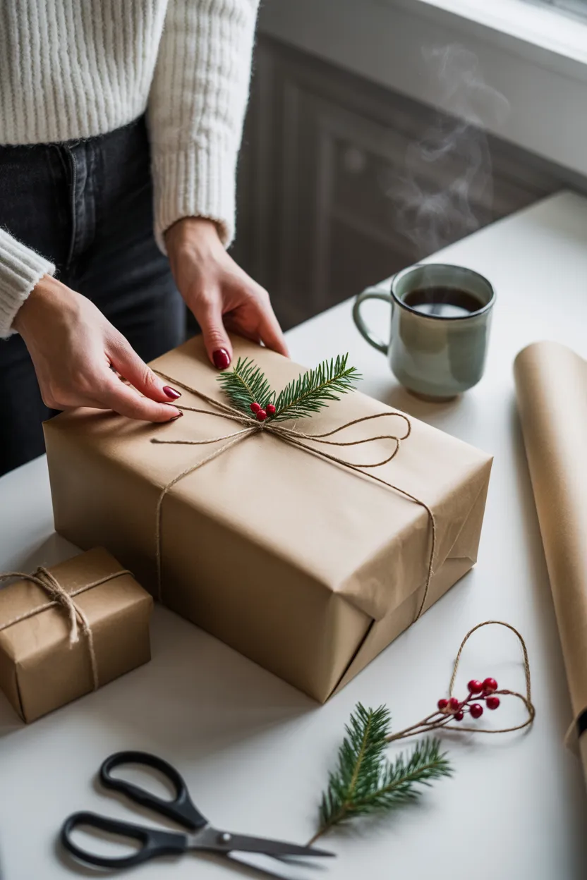  A mom calmly wrapping a holiday gift with a cup of coffee nearby.